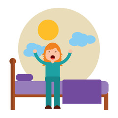 young girl sitting in bed stretching waking up vector illustration