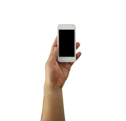 Hand of a businessman holding a smartphone in his hand isolated on white background.