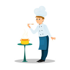 Professional chef with a spoon and soup pot on the table. Cartoon style. Vector illustration.