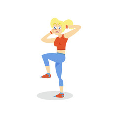 Sportive young woman exercising, girl working out in the fitness club or gym, active healthy lifestyle cartoon vector Illustration