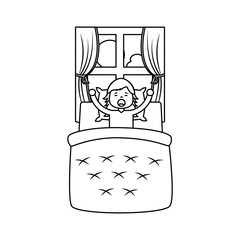 little girl waking up in bed and window landscape vector illustration outline design