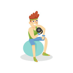 Young man exercising with dumbbells on a fitball, man working out in fitness club or gym, active healthy lifestyle cartoon vector Illustration