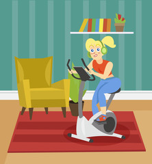 Fototapeta premium Young woman in headphones training on an exercise bike on the background of living room apartment vector illustration, cartoon style