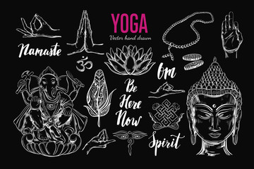 Yoga set. Vector Isolated hand drawn objects. Spiritual Symbols of Buddhism, Hinduism. Tattoo design , yoga logo, boho print, poster. Inspirational calligraphy, lettering