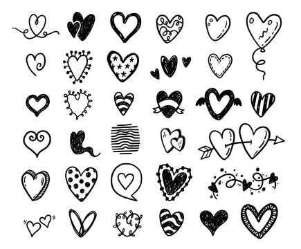 Funny doodle hearts icons collection. Hand drawn Valentines day, wedding design