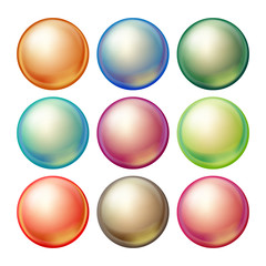 Round Glass Sphere Vector. Set Opaque Multicolored Spheres With Glares, Shadows. Isolated Realistic Illustration