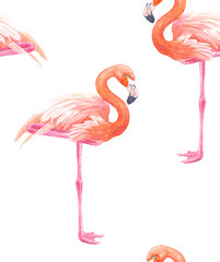 Seamless pattern made of flamingos painted with watercolors.