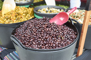 Varieties of many olives on a market in Valencia