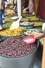 Varieties of many olives on a market in Valencia