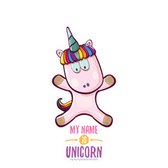 vector funny cartoon cute pink fairy unicorn isolated on white background. My name is unicorn vector concept illustration. funky hand drawn character