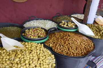 Varieties of many olives on a market in Valencia