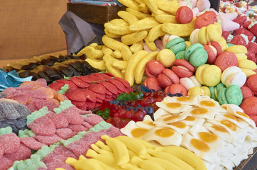 Various colorful sugar candy on a market in Valencia. Sweet