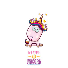 Naklejka premium vector funny cartoon cute pink fairy unicorn isolated on white background. My name is unicorn vector concept illustration. funky hand drawn character