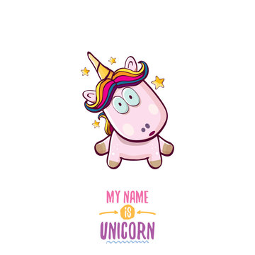 vector funny cartoon cute pink fairy unicorn isolated on white background. My name is unicorn vector concept illustration. funky hand drawn character