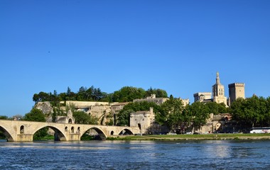 Fototapeta na wymiar 23 Giugno 2016 ore 18:00. Avignone , Provenza, Francia. Vista della città dalla sponda opposta del Rodano.
