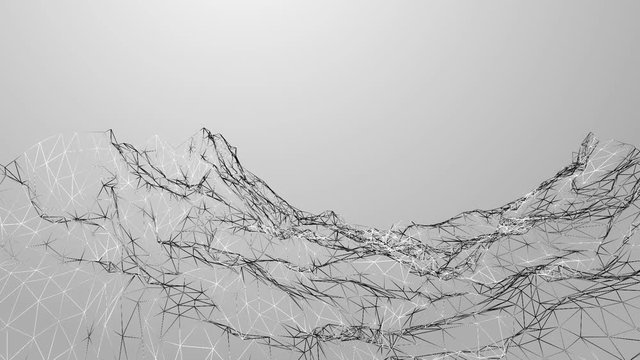 illuminated black and white wireframe with a background with moving mountain like a fluid. Complex system in motion for technology, internet and cryptography projects