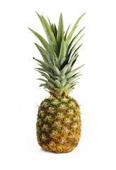 Fototapeta premium Fully ripe pineapple, view of whole fruit, white bacground, close up