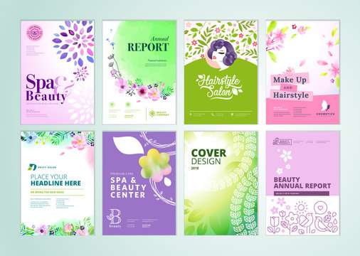 Set of beauty brochure, annual report, flyer design templates in A4 size. Vector illustrations for beauty, spa and wellness presentation, document cover and layout template designs.