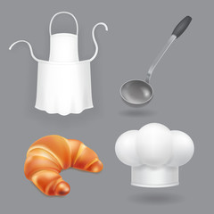 Chef hat, kitchen apron, ladle and bread vector. Kitchen icons set