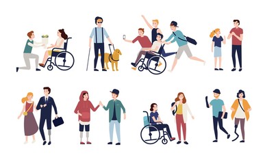 Collection of disabled people with their romantic partners and friends. Set of men and women with physical disorder or impairment with mates and family. Flat cartoon characters. Vector illustration.