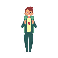 vector flat young man hiking tourist smiling wearing backpack. Active lifestyle, travelling and adventure concept. Isolated illustration on a white background.