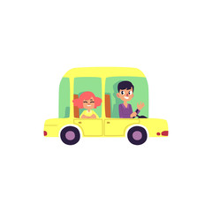 vector flat happy girl, young man travelling in stylized yellow car. Travelling by motor vehicle, road trip concept. Isolated illustration on a white background.