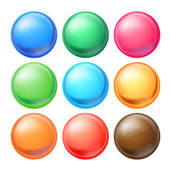 Round Spheres Set Vector. Set Opaque Multicolored Spheres With Glares, Shadows. Abstract Ellipse, Ball, Bubble, Button, Badge. Isolated Realistic Illustration