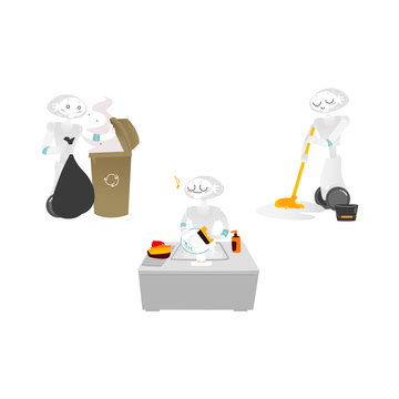 Vector robots, artificial intelligence in modern life concept. Wheeled cyborg assistants helping with household chores, cleaning floor, washing dishes, taking out garbage. Isolated illustration