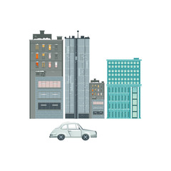 Set of flat city elements - residential and commercial buildings and car, vector illustration isolated on white background. Flat high rise buildings, townhouse, apartment house, business center, car