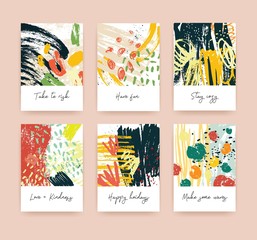 Collection of greeting card or postcard templates with various wishes and abstract hand drawn textures with bright colored paint traces, stains and blots. Modern colorful vector illustration.