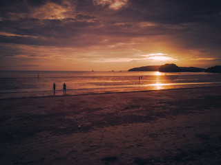 Sunset on the beach at krabi thailand, Vintage retro tone.