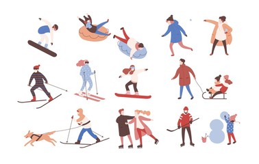 Fototapeta na wymiar Collection of male and female cartoon characters performing winter activities. Set of men and women dressed in outerwear skiing, ice skating, snowboarding, playing hockey. Flat vector illustration.