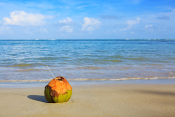 Cocktail in coconut on caribbean beach.