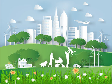 Illustration vector of modern eco world environment and happiness family,graphic design of eco modern world in paper art style