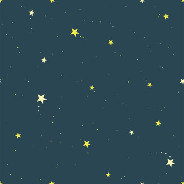 Dark Starry Sky Hand Drawing Vector Seamless Pattern. Texture For Textile, Scrapbook, Wrapping Paper.