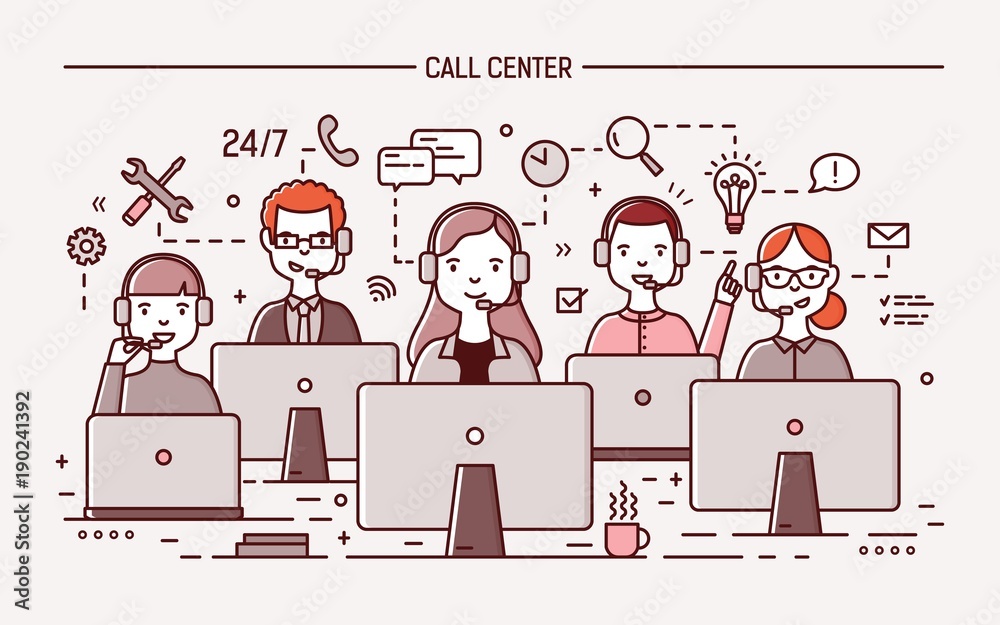 Poster smiling men and women wearing headphones with microphones sitting at computer displays and answering