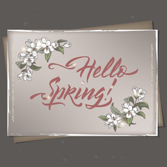 Color A4 format romantic vintage greeting card template with spring related brush calligraphy and jasmine flower sketch.