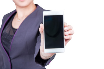 businesswoman showing a smart phone isoleted on white background with clipping path