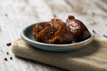 chorizos fritos, typical spanish fried sausages