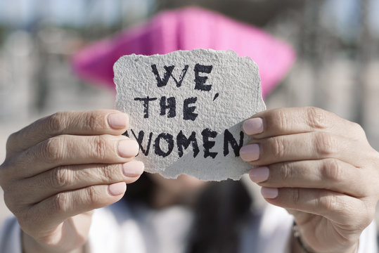 woman with a pussyhat and the text we the women