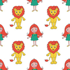 Cartoon lion and funny girl seamless pattern