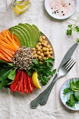 Quinoa salad with fresh vegetables,avocado and chick pea. Buddha bowl with quinoa, spinach and chopped vegetables. Healthy eating and super food concept.Overhead view