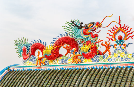 Red dragon, on chinese temple roof 
