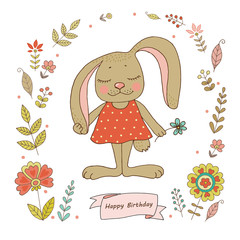 Cute rabbit with vintage frame for your design in doodle style.