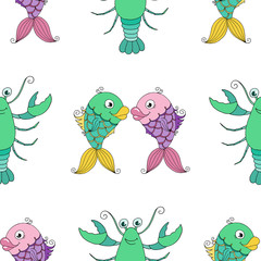 Cartoon seamless pattern with funny fish and cancer