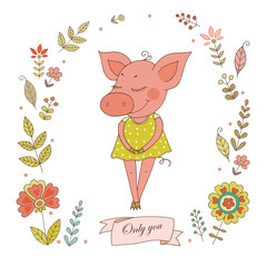 Cute piggy with vintage frame for your design in doodle style.
