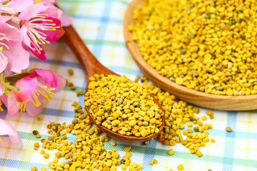 Bee pollen in wooden plate and spoon