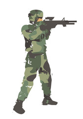 Soldier aiming a gun.
Grunge stylized illustration of soldier with gun. Isolated on white background.Vector available.