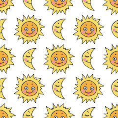 Cartoon seamless pattern with hand drawn doodle sun and moon