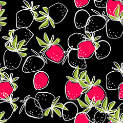 Seamless abstract strawberry modern pattern on black